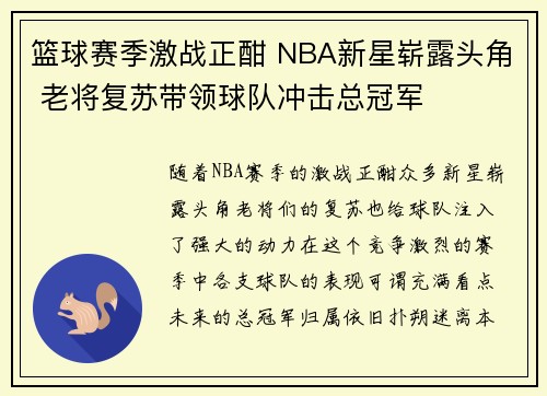 篮球赛季激战正酣 NBA新星崭露头角 老将复苏带领球队冲击总冠军