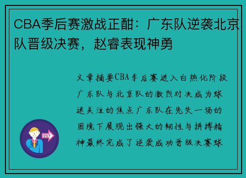 CBA季后赛激战正酣：广东队逆袭北京队晋级决赛，赵睿表现神勇