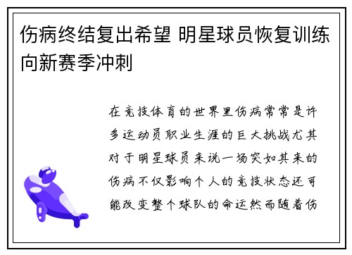 伤病终结复出希望 明星球员恢复训练向新赛季冲刺
