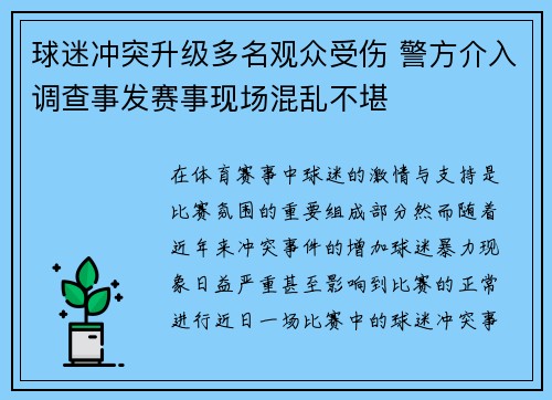 球迷冲突升级多名观众受伤 警方介入调查事发赛事现场混乱不堪