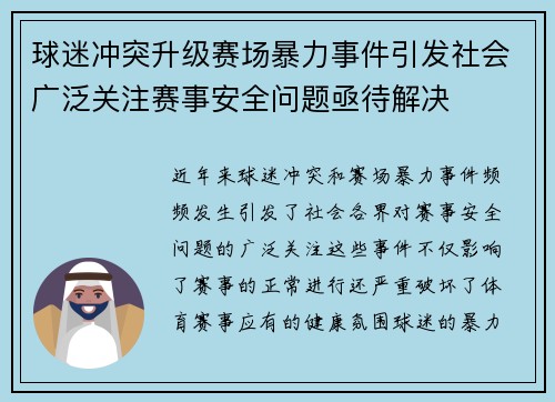 球迷冲突升级赛场暴力事件引发社会广泛关注赛事安全问题亟待解决