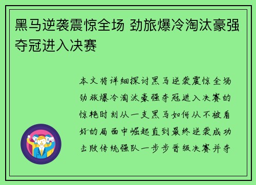 黑马逆袭震惊全场 劲旅爆冷淘汰豪强夺冠进入决赛